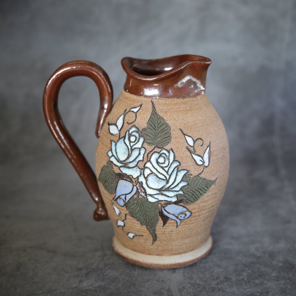 Artisan Signed Pitcher with Blue Flowers